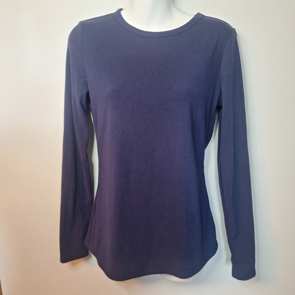 Navy Blue Long Sleeve Crewneck Shirt Stretch Knit Top Size Medium